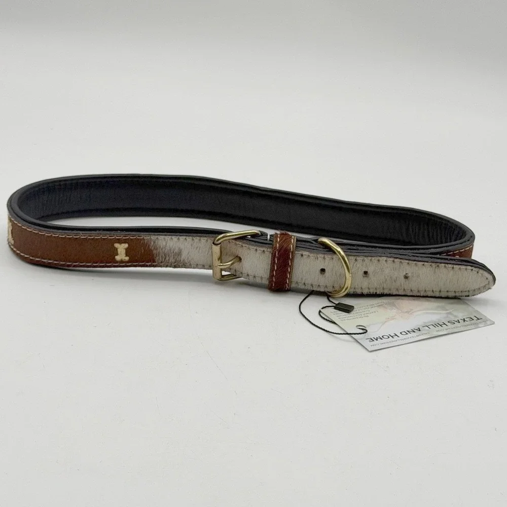 Myra Bag Hair-on-Hide Dog Collar Brown White Spotted Cowhide Bone Studs NEW XL